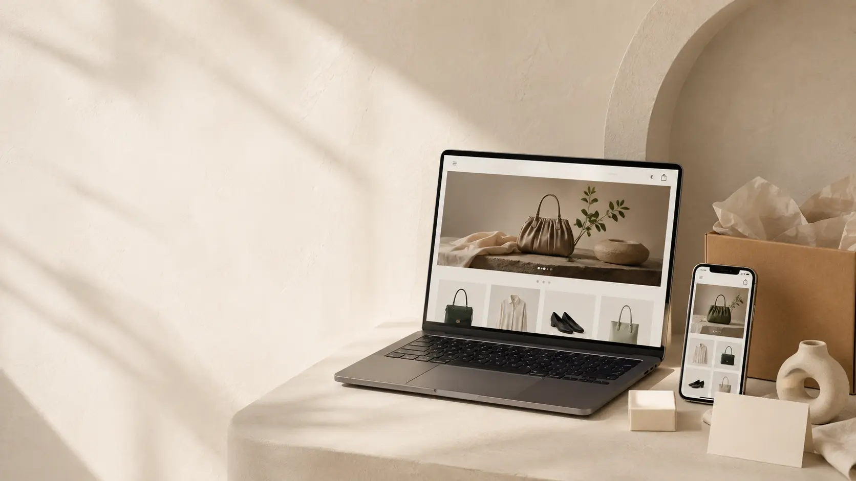 A professional ecommerce website displayed on a laptop and smartphone