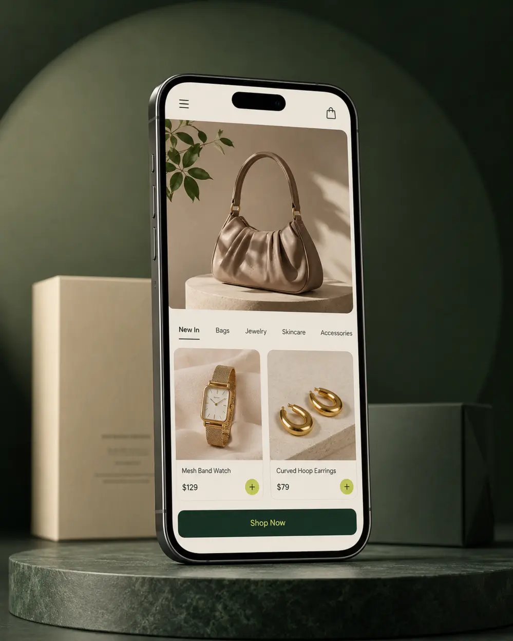 Premium mobile ecommerce storefront displayed on a smartphone