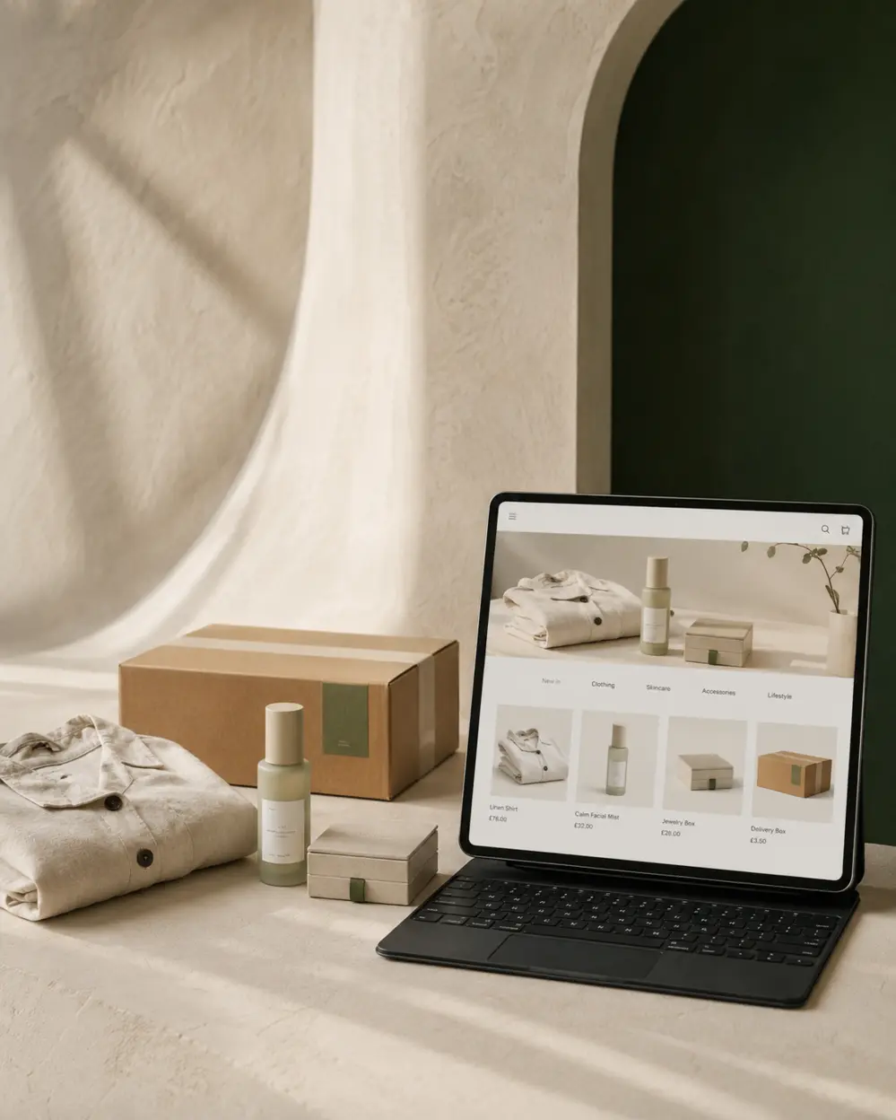 Physical products arranged beside their completed online storefront